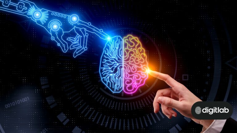 Fintech advertising - image showing AI arm and human arm meeting at a human brain in the centre.