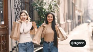 HubSpot for inbound sales - two women holding shopping bags outside a building.