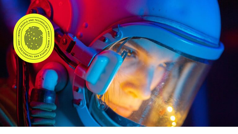 Close-up of a person wearing a futuristic helmet with vibrant blue and red lighting, accompanied by a bright yellow badge reading 'Where People and Technology Meet,' symbolizing the forward-thinking theme of 'INSIGHT 2025.'"