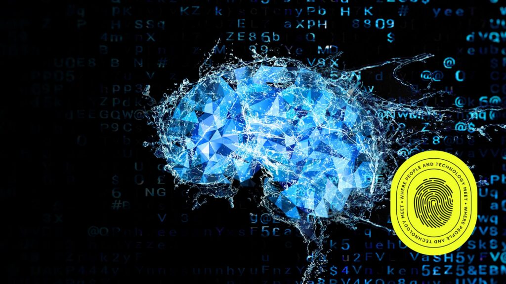 Abstract representation of a digital brain made of geometric shapes and data, symbolizing advancements in technology and SEO strategy in 2025