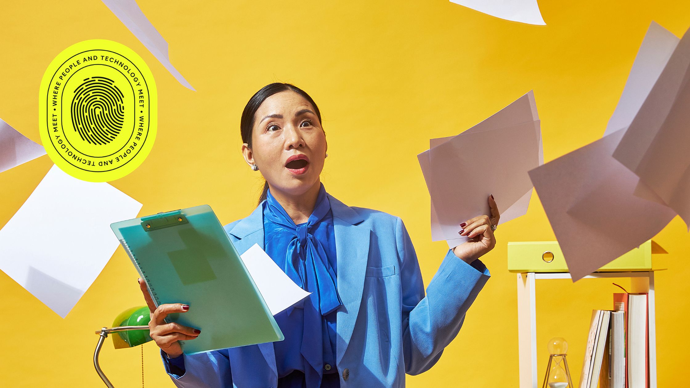 A surprised businesswoman in a bright blue suit holding scattered documents and a clipboard, surrounded by flying papers in a vibrant office setting, symbolizing the complexity and chaos that revenue operations aims to streamline
