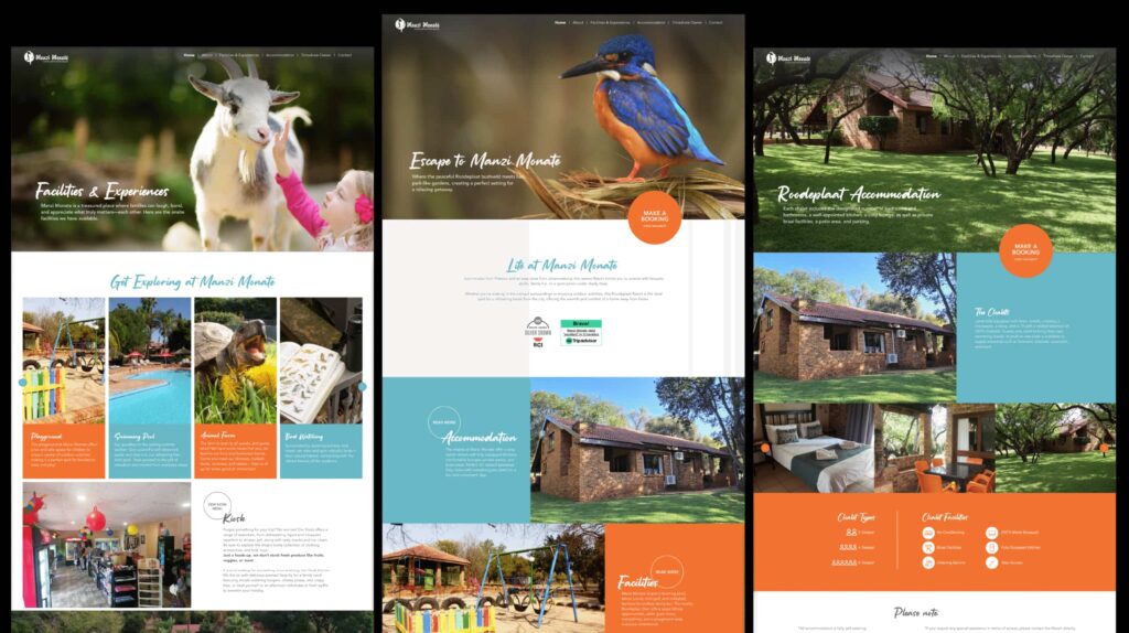 Manzi Monate website design showcasing the luxury bush retreat's homepage, accommodation pages, facilities, and nature-inspired user experience across multiple screens.