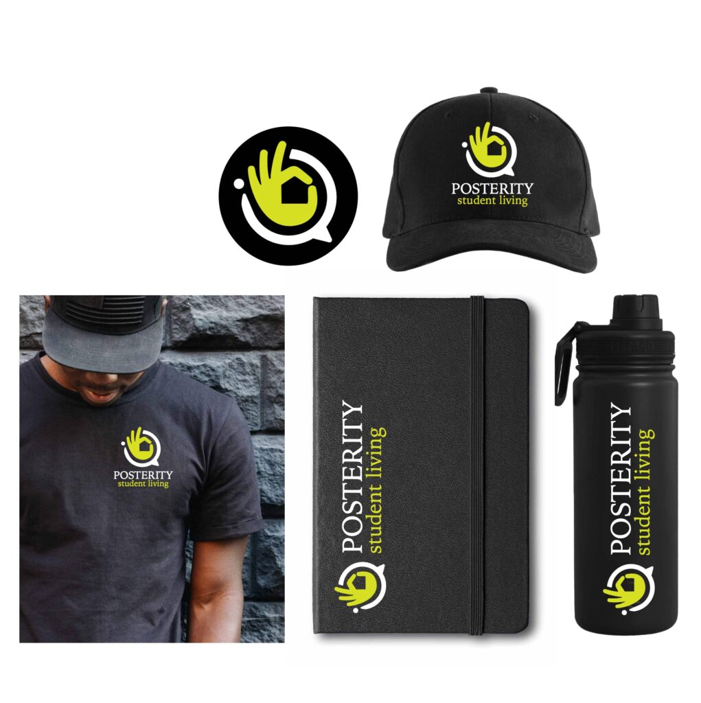 Posterity Student Living brand identity showcased across branded merchandise including a cap, T-shirt, notebook, water bottle, and logo applications