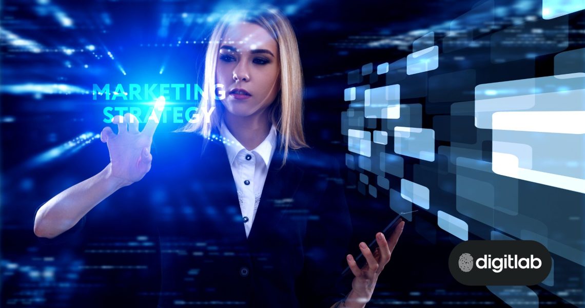 digital lead acquisition - blond woman holding a phone interacting with virtual technology