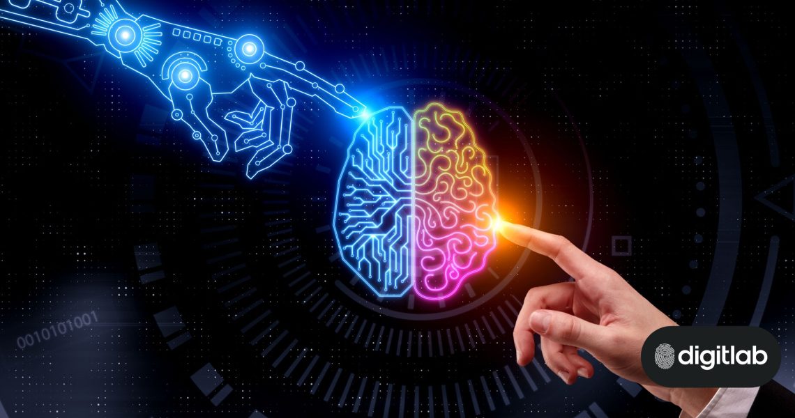 Fintech advertising - image showing AI arm and human arm meeting at a human brain in the centre.